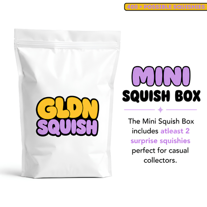 A white stand-up pouch labeled 'GLDN SQUISH' stands on a white background next to promotional text reading 'MINI SQUISH BOX' and a small yellow banner that says 'GLDN SQUISHES ESTD 2023'.